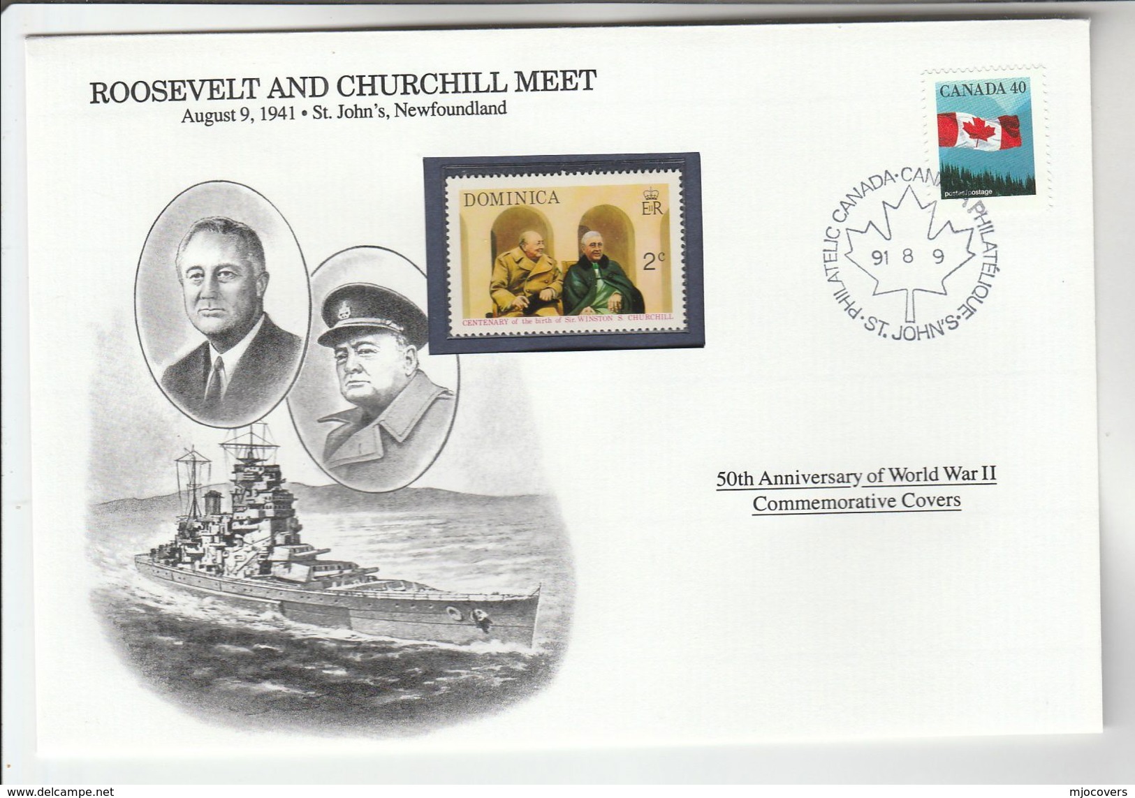 1991 St Johns CANADA Special WWII COVER Winston CHURCHILL MEETS ROOSEVELT EVENT Stamps - WW2