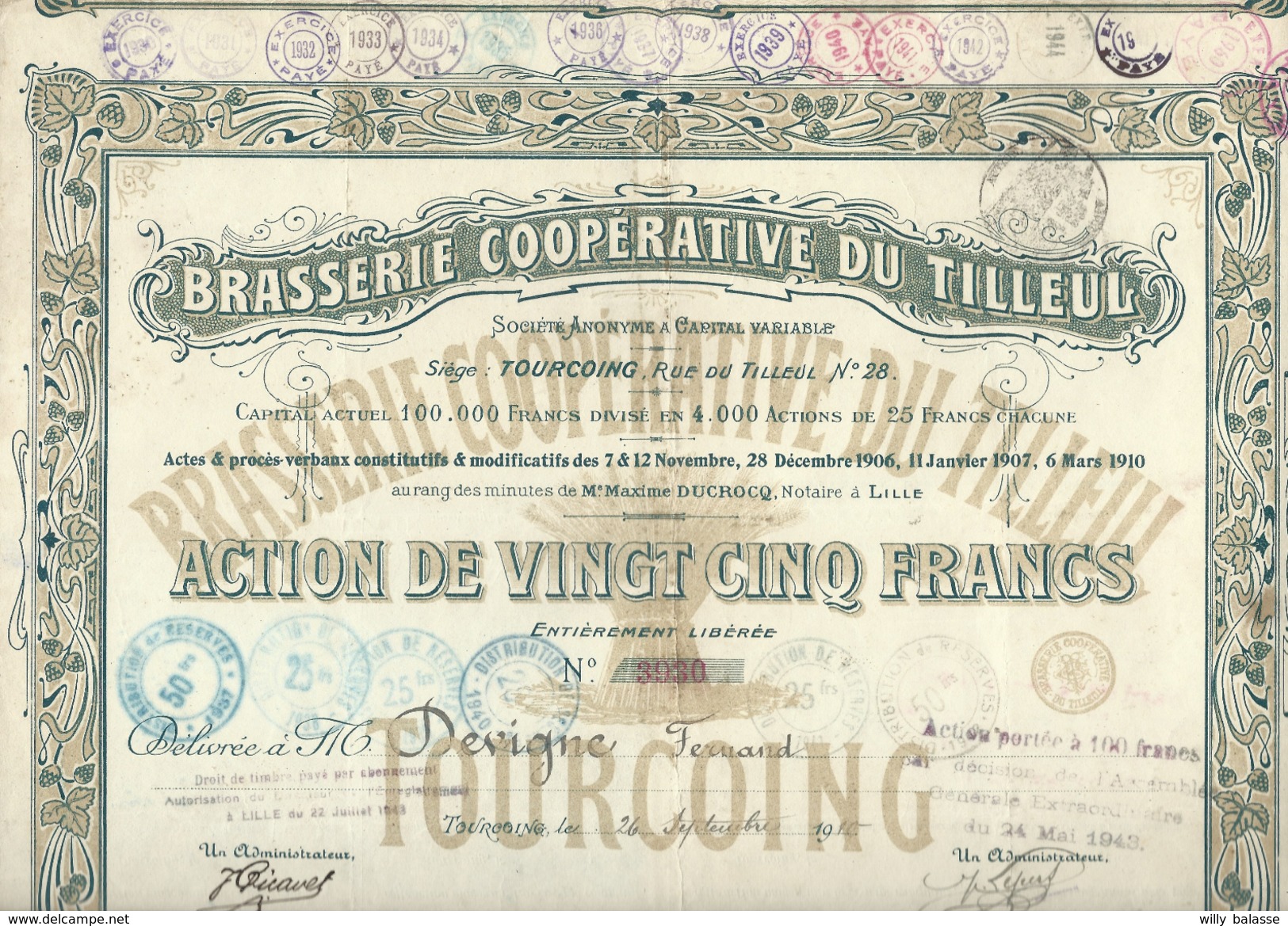 Action De 25 Frs BRASSERIE DU TILLEUL / TOURCOING 1910 (tirage 4000) - Industrie