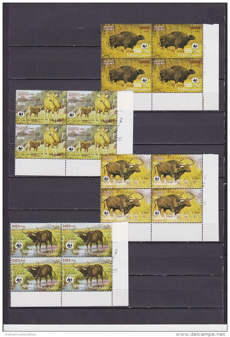 Blocks 4 Of Cambodia Cambodge Used CTO Stamps 1986 : Endangered Animals Buffalo Mammals - Gebruikt