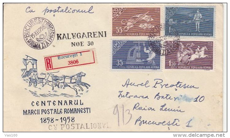 ROMANIAN STAMP CENTENARY, SENT BY POST CHASE, REGISTERED COVER FDC, 1958, ROMANIA - FDC