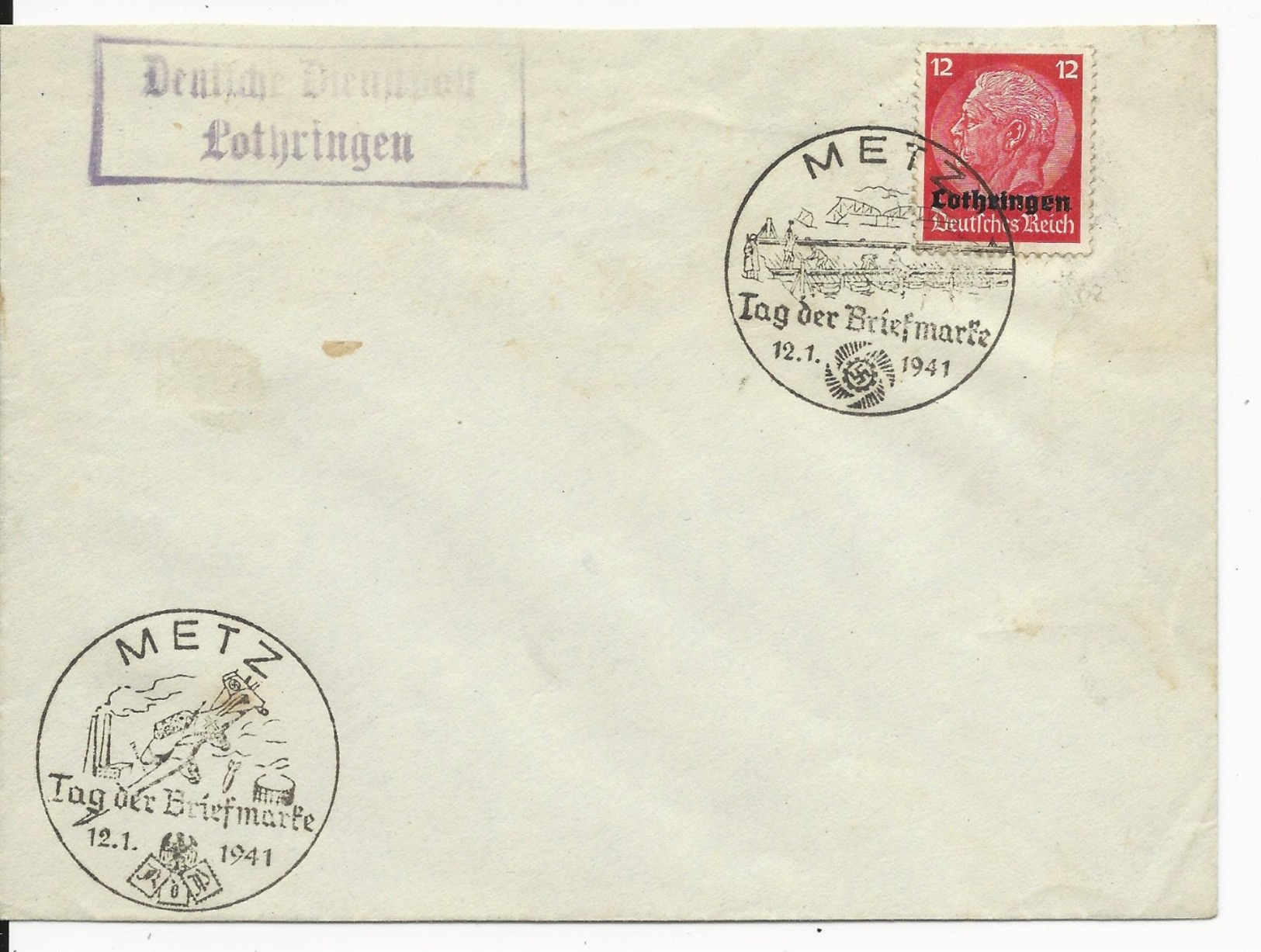 1941 - MOSELLE OCCUPEE - ENVELOPPE NON ADRESSEE Avec 2 OBLITERATIONS DIFF. FOURNEE DU TIMBRE à METZ + DEUTSCHE DIENSPOST - Guerra Del 1939-45