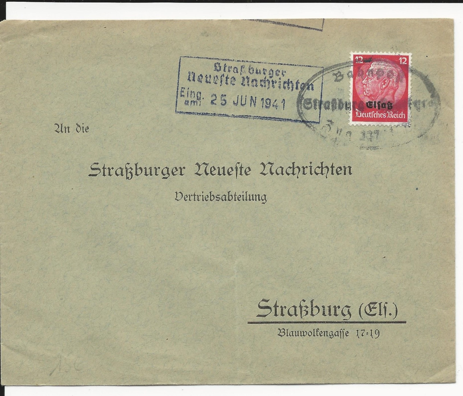 1941 - ALSACE OCCUPEE - ENVELOPPE De STRASBOURG Avec OBLITERATON AMBULANT - Posta Ferroviaria