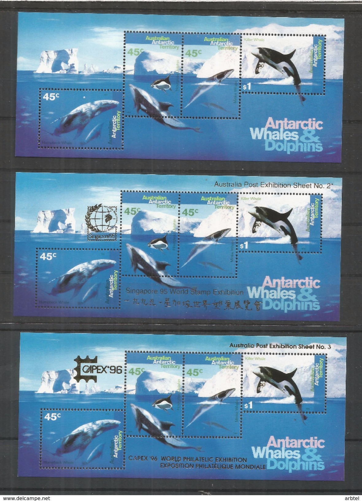 AUSTRALIAN ANTARCTTIC TERRITORY WHALES AND DOLPHINS BALLENAS DELFINES TRES HOJITAS UAN CON SOBRECARGA SINGAPORE 95 Y OTR - Faune Antarctique