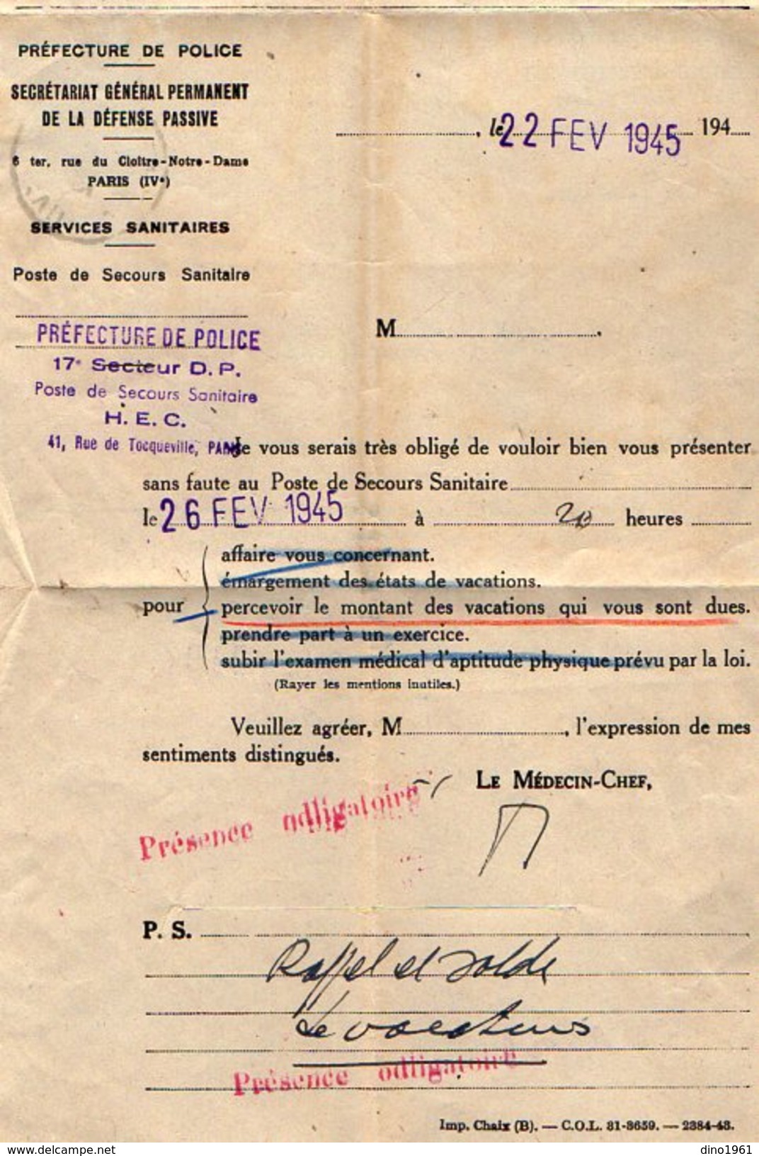 VP6783 - Lettre De La Préfecture De Police 17ème Secteur D.P à PARIS - Polizei