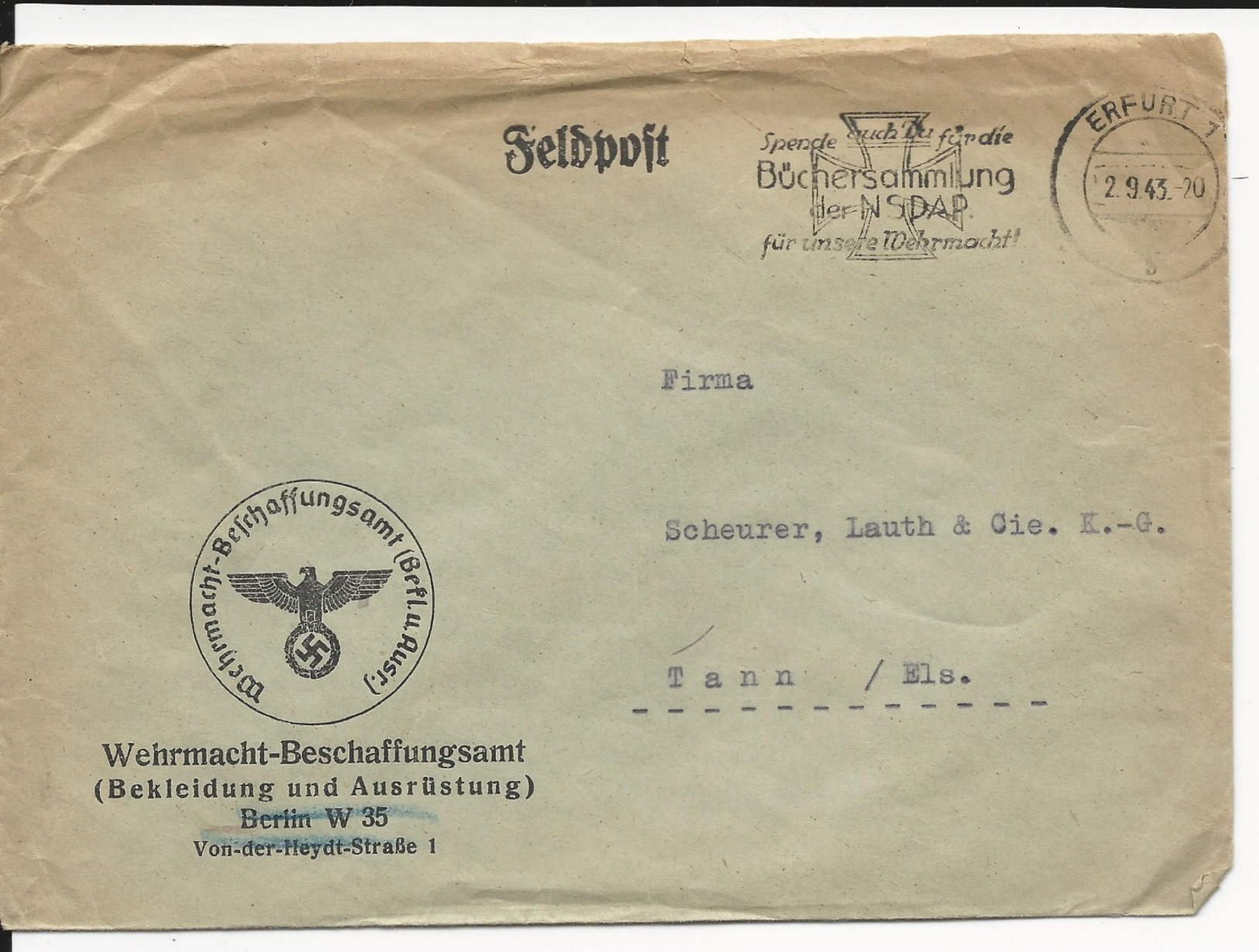 1943 - ENVELOPPE FELDPOST (EQUIPEMENT/ARMEMENT) De ERFURT => THANN - Lettres & Documents