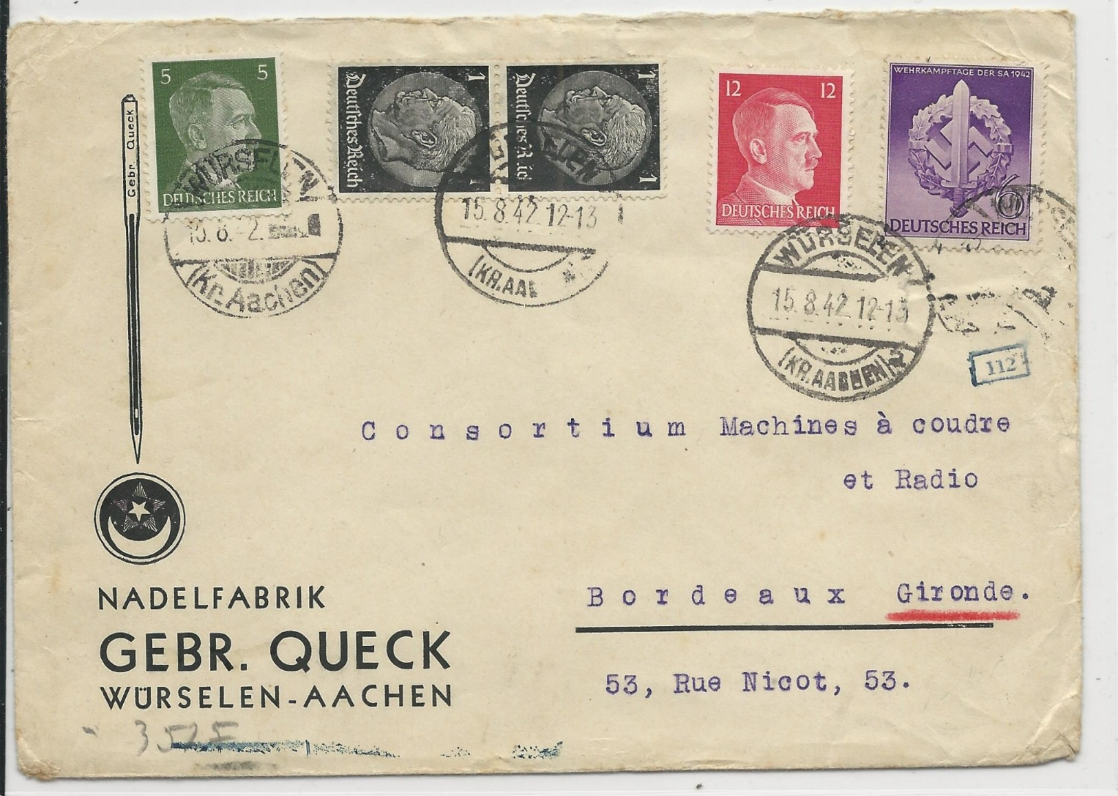1942 - ENVELOPPE PUB DECOREE CENSUREE De WÜRSELEN (AACHEN) => BORDEAUX - Briefe U. Dokumente