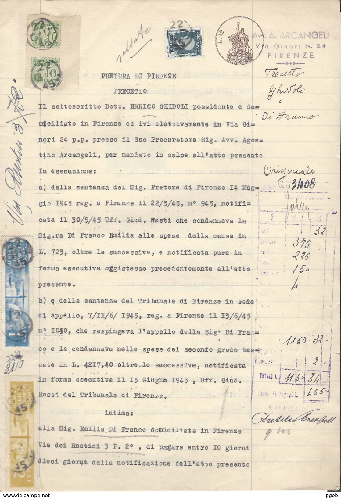 PRETURA FIRENZE, ATTO GIUDIZIARIO PRECETTO CARTA BOLLATA L. 12 1940, MARCHE DA BOLLO - Italien