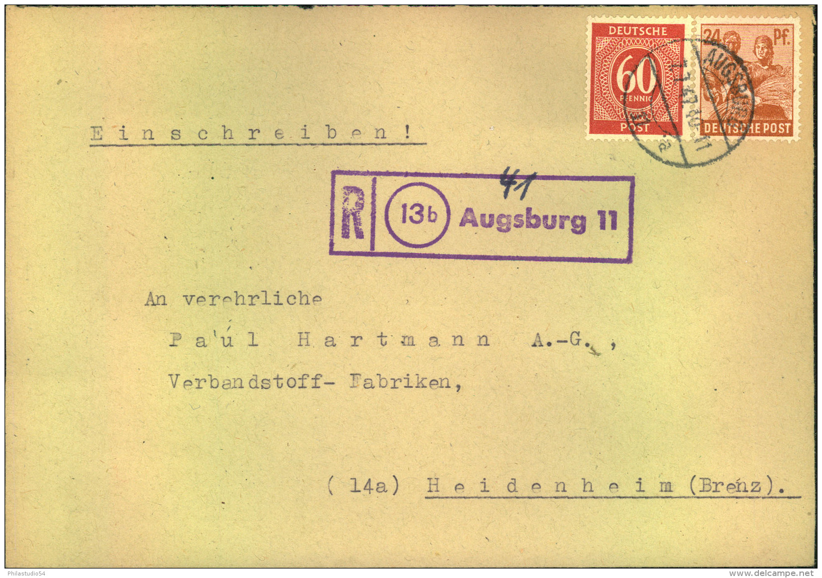 1947, Einschreiben Mit Violettem R-Stempel (13b) Augsburg 11 - Altri & Non Classificati