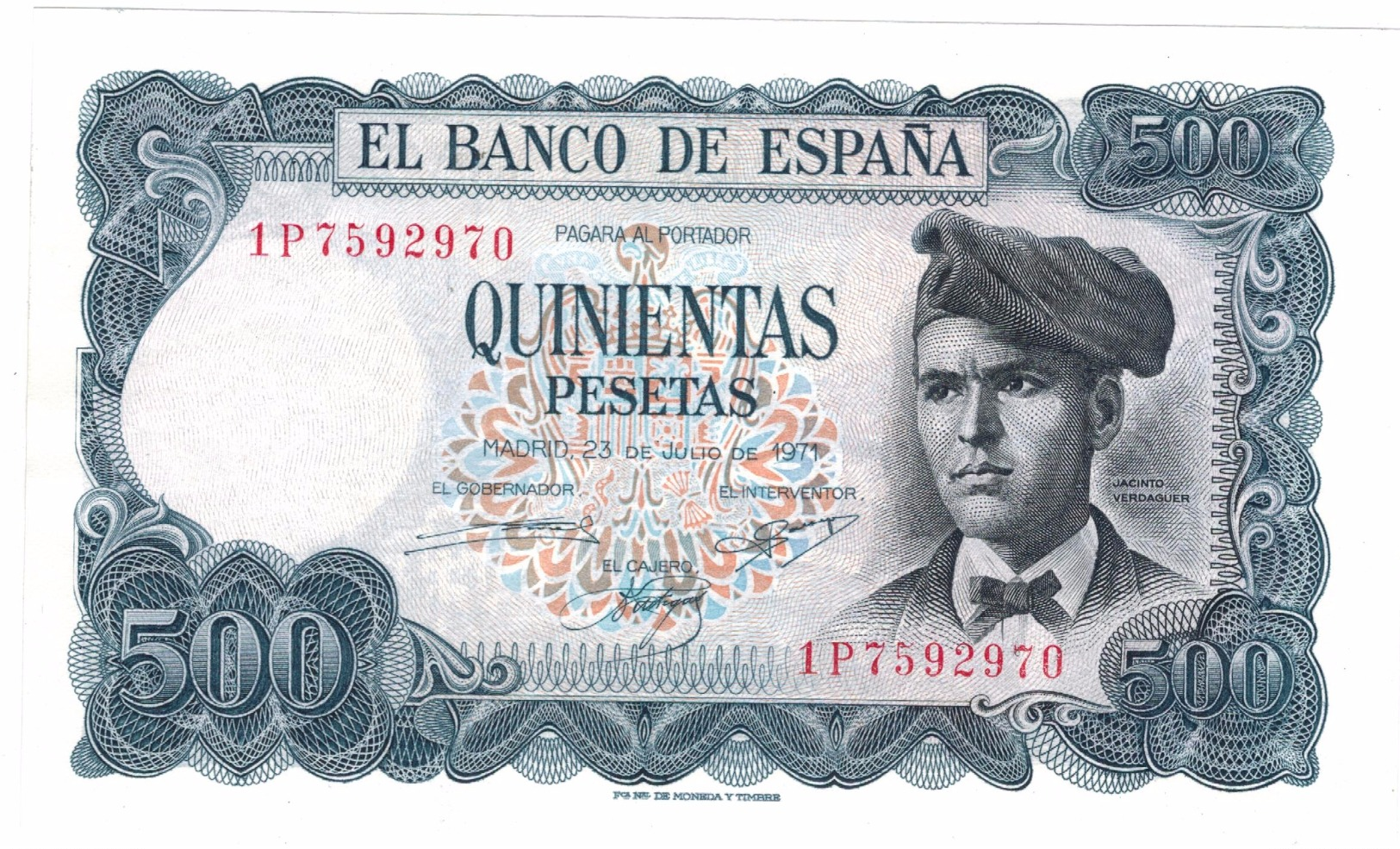 Spain 500 Pts. 1971. UNC, Rare, SEE SERIAL # . Free Ship. To USA. - 500 Pesetas