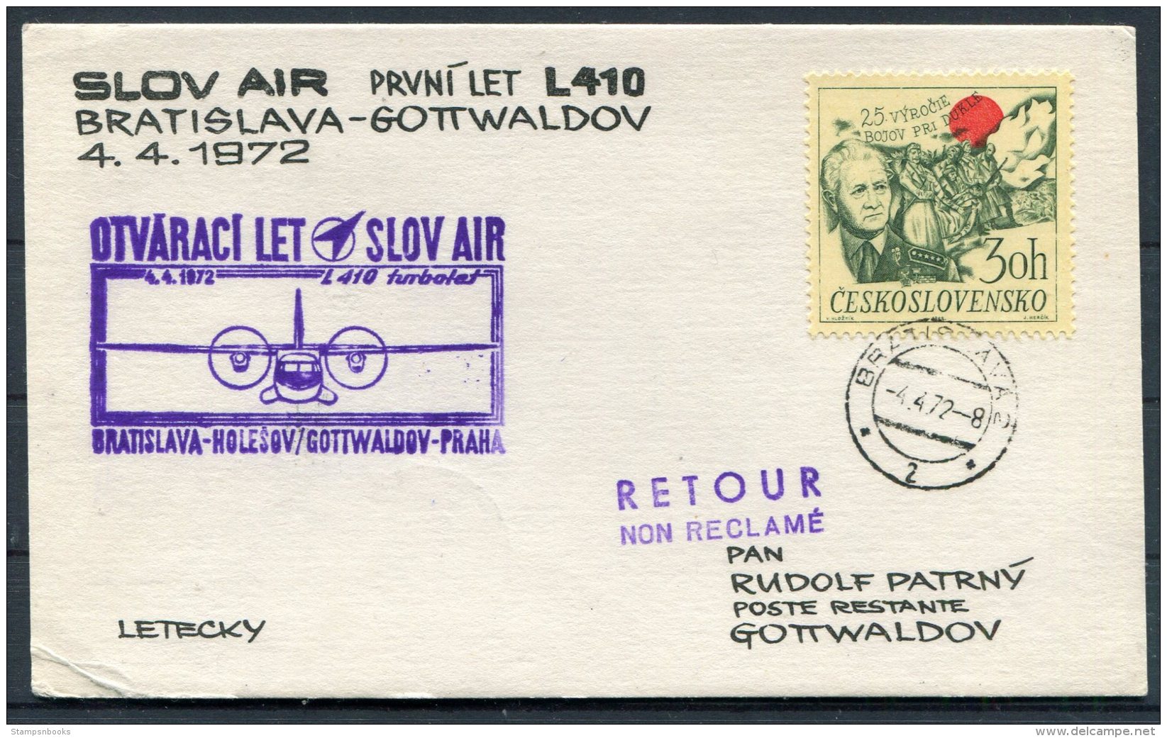 1972 Bratislava - Gottwaldov First Flight Slov Air Postcard - Airmail