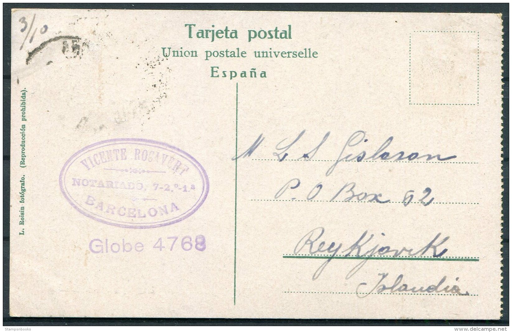 1921 Spain Barcelona Postcard - Iceland - Covers & Documents