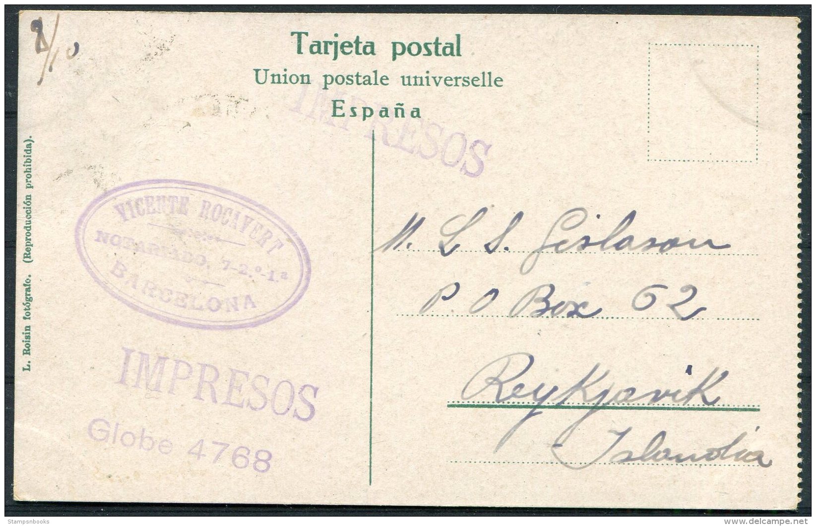 1921 Spain Barcelona Postcard - Iceland - Covers & Documents