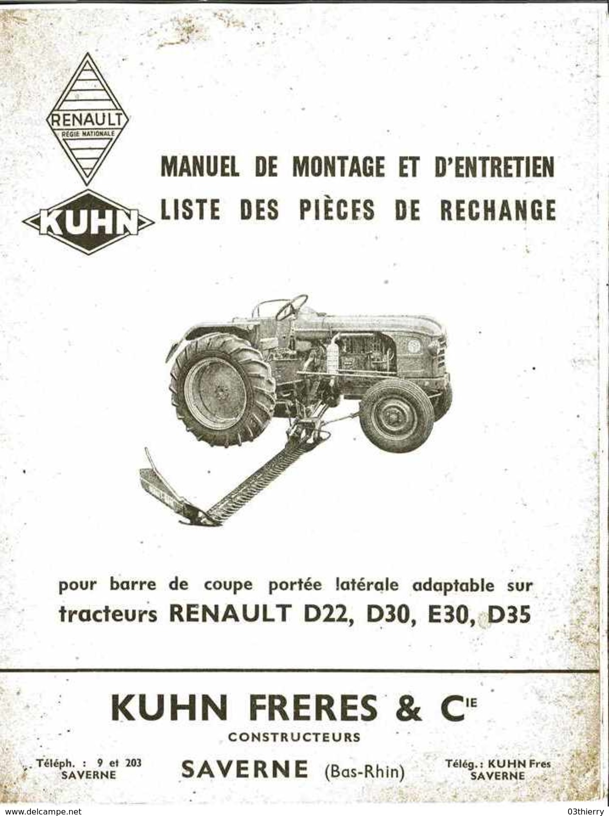 MANUEL DE MONTAGE BARRE DE COUPE KUHN FRERES & CIE POUR TRACTEURS RENAULT AGRICULTURE - Machines