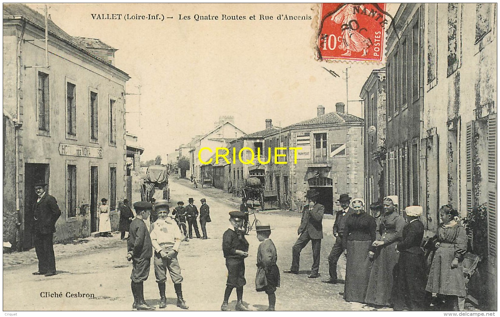 44 Vallet, Les Quatre Routes Et Rue D'Ancenis, Affranchie Ambulant 1909 - Autres & Non Classés