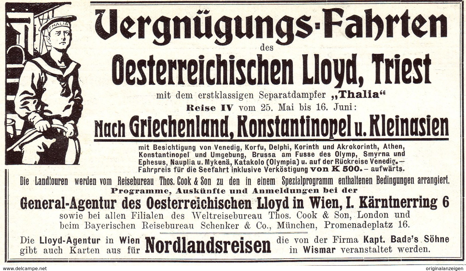 Original-Werbung/ Anzeige 1907 - OESTERREICHISCHER LLOYD - TRIEST / DAMPFER THALIA / WIEN - Ca. 135 X 75 Mm - Werbung
