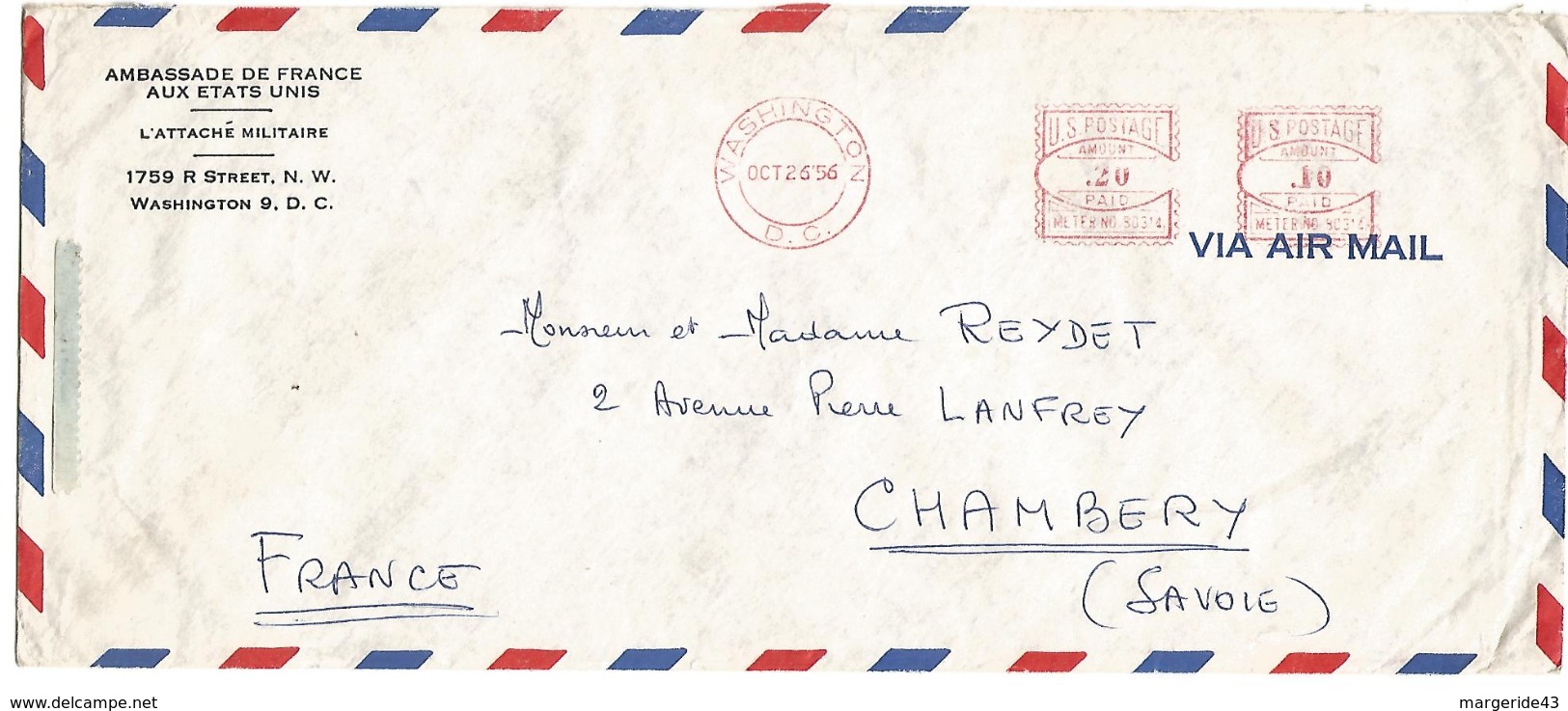 USA EMA AMBASSADE DE FRANCE SUR LETTRE 1956 - Marcophilie