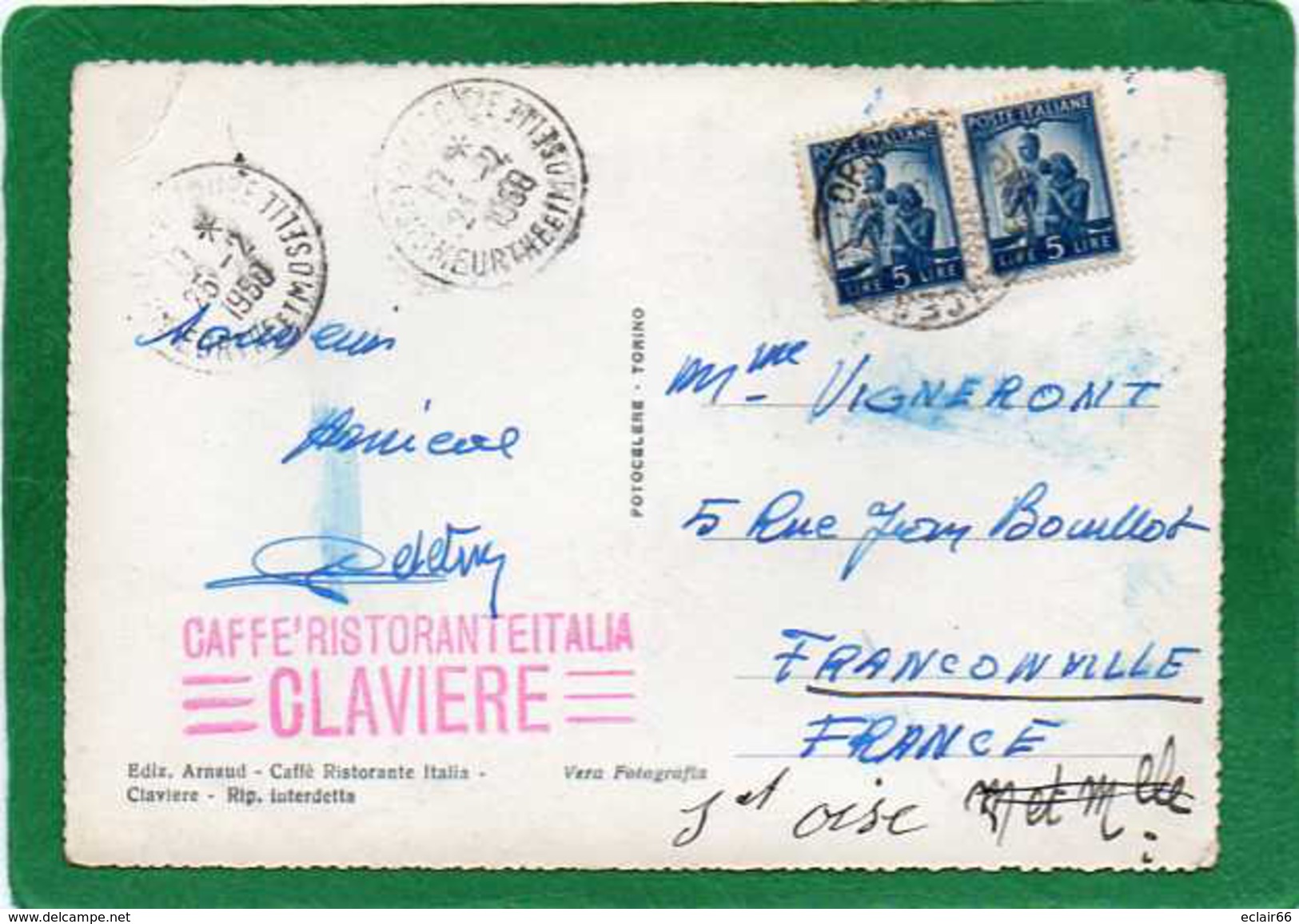 Torino Claviere - Sciatori Neve - Monte Janus - Trés Animée Tampon PUBLICITE RESTAURANT CPSM Grd Format Année 1950 - Bars, Hotels & Restaurants