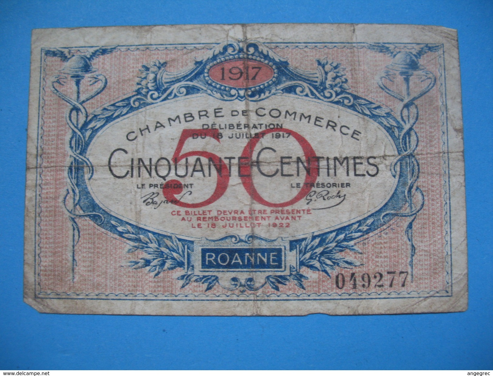 Bon / Billet Chambre De Commerce De Roanne De Cinquante Centimes N°  049 277 Délibération Du 18 Juin 1917 - Chamber Of Commerce