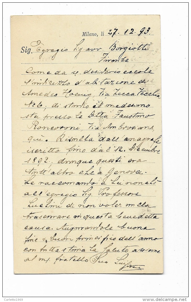 Francobollo 10 Centesimi Re Umberto I Su Biglietto Macchine Per Cucire Carl Meu Anno 1893 - Gebraucht