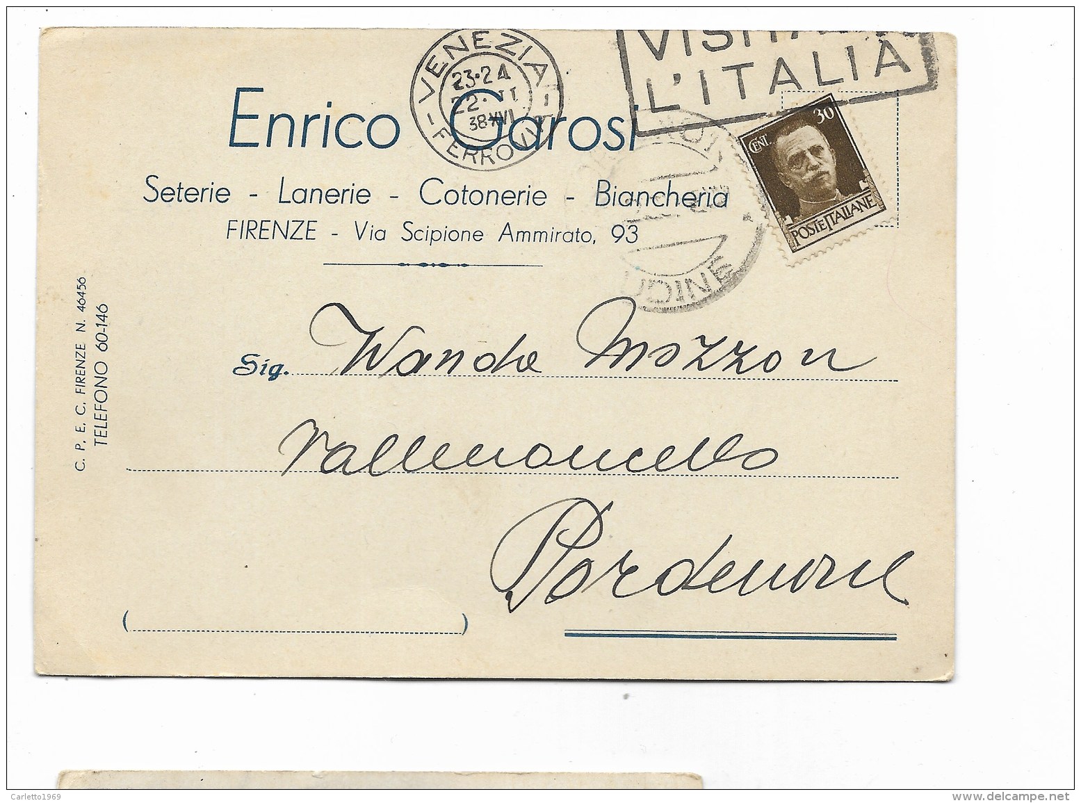 Francobollo 30 Centesimi 1938 Su Biglietto Enrico Garosi Firenze - Poststempel