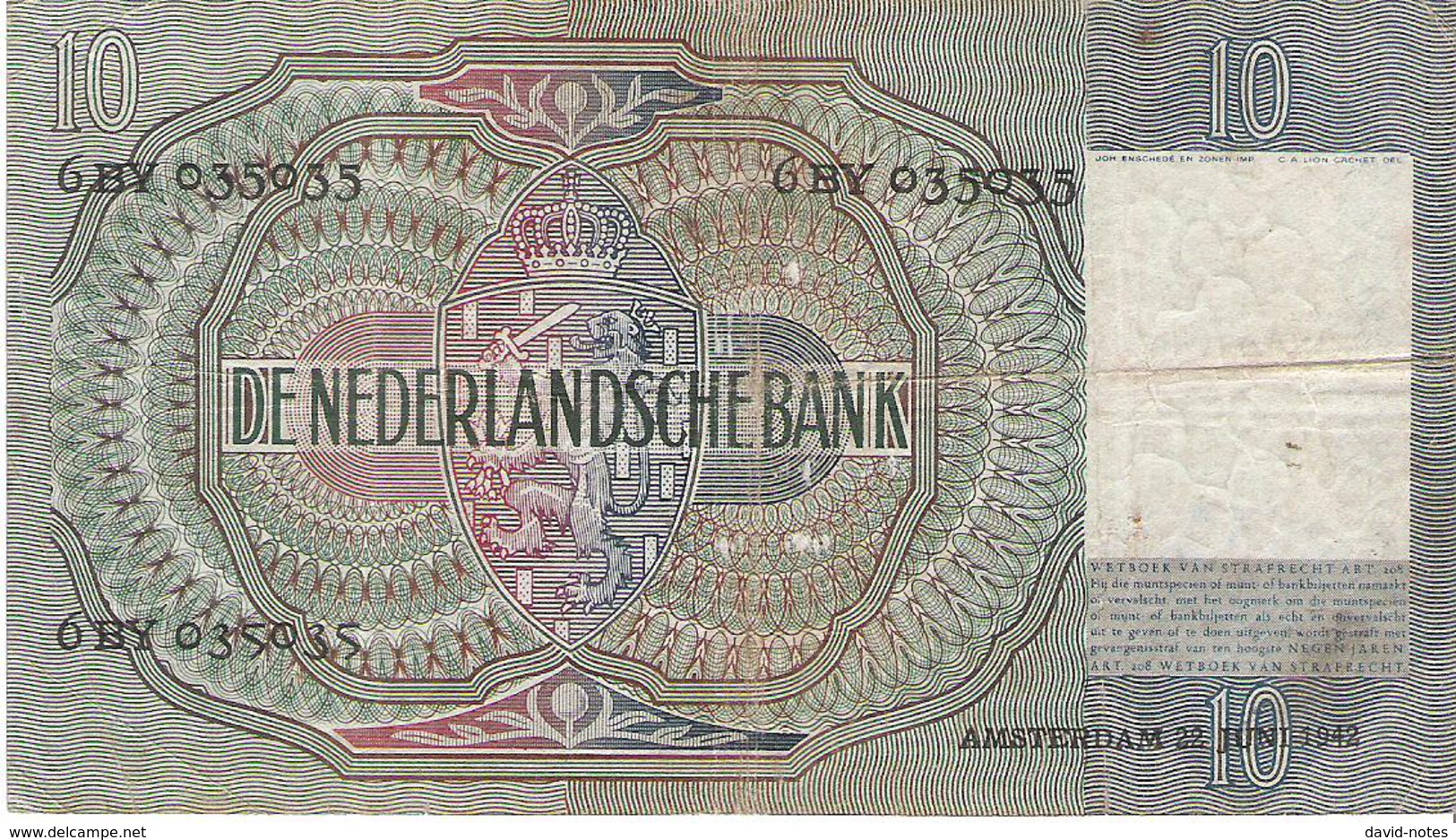 Netherlands - Pick 56b - 10 Gulden 1942 - F+ - 10 Gulden