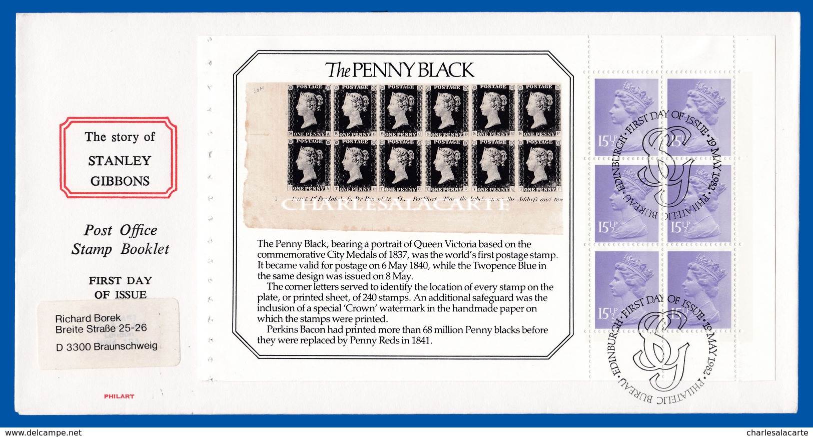 GREAT BRITAIN 1982 STANLEY GIBBONS MACHIN 15½p. X 6 BOOKLET PANE F.D.C. PHILATELIC BUREAU SPECIAL CANCEL - 1981-1990 Decimal Issues