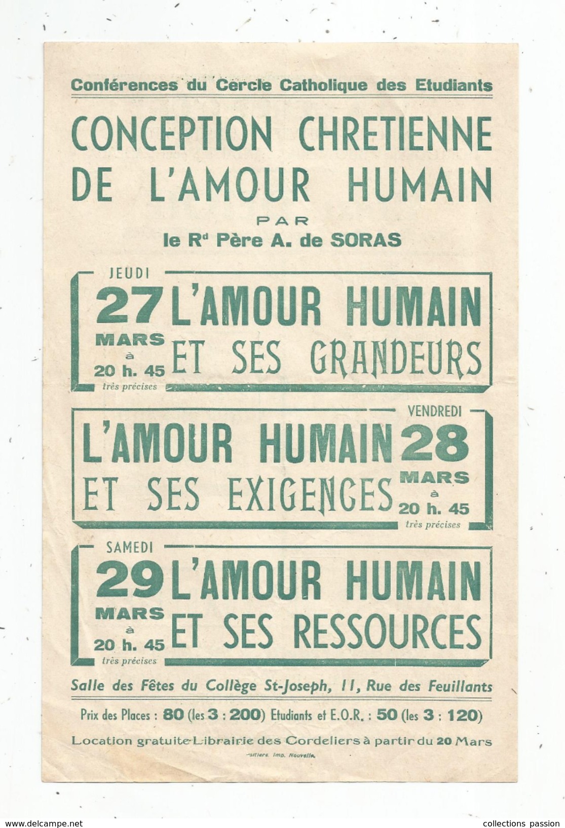 Programme, Conférences Du Cercle Catholique Des étudiants , Poitiers , Publicités, 2 Scans - Programma's