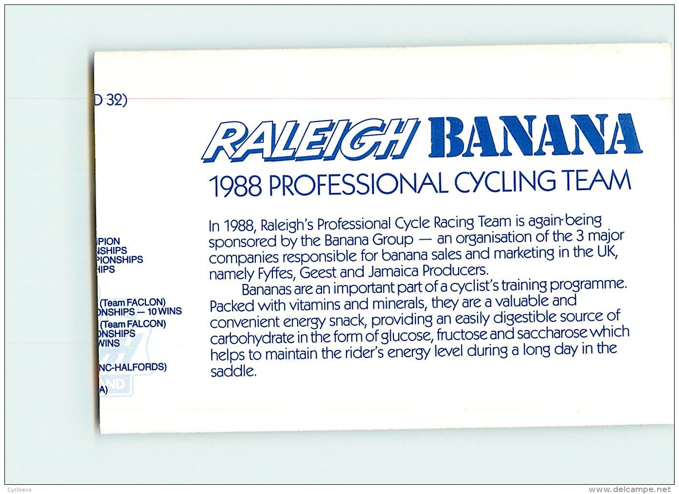 Phil THOMAS , Raleigh Banana 1988 . Attention : Bien Lire Le Descriptif ! 2 Scans. Cyclisme. En L'état - Ciclismo