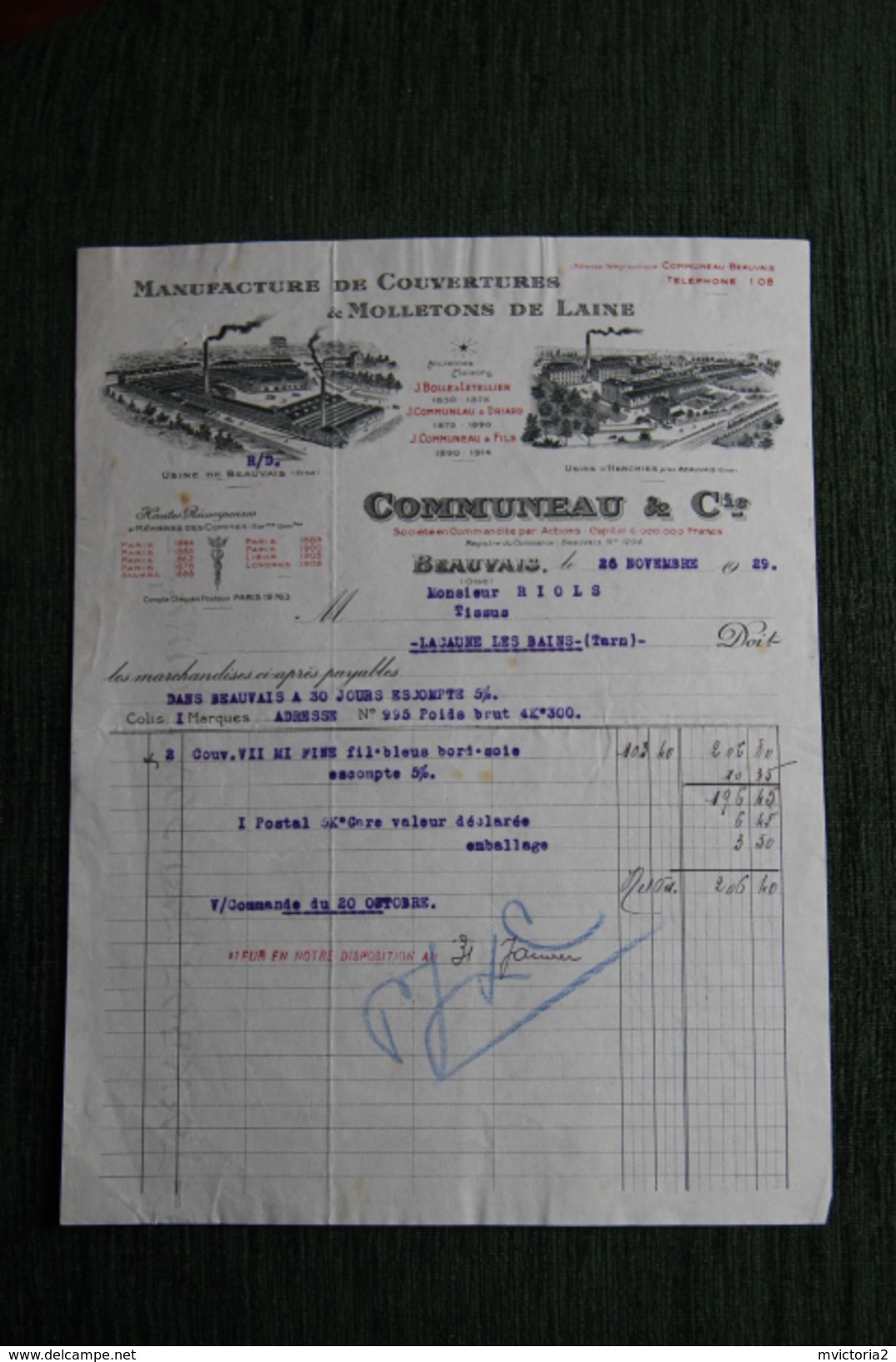 Facture Ancienne , BEAUVAIS - COMMUNEAU Et Cie, Manufacture De Couvertures Et Molletons De Laine. - 1900 – 1949