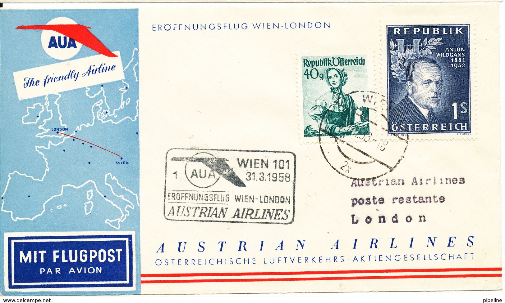 Austria First AUA Flight Cover Wien - London  31-3-1958 - Eerste Vluchten