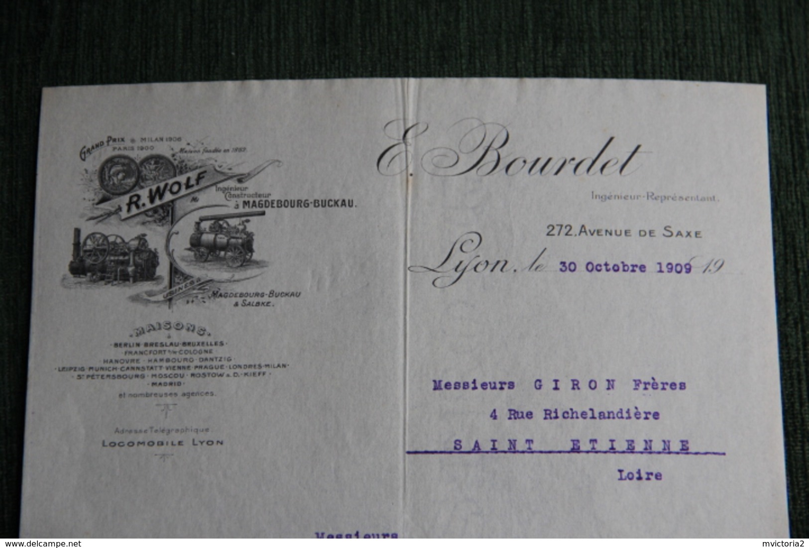 Lettre Ancienne , LYON - E.BOURDET , Ingénieur Construction, Locomobile. - 1900 – 1949