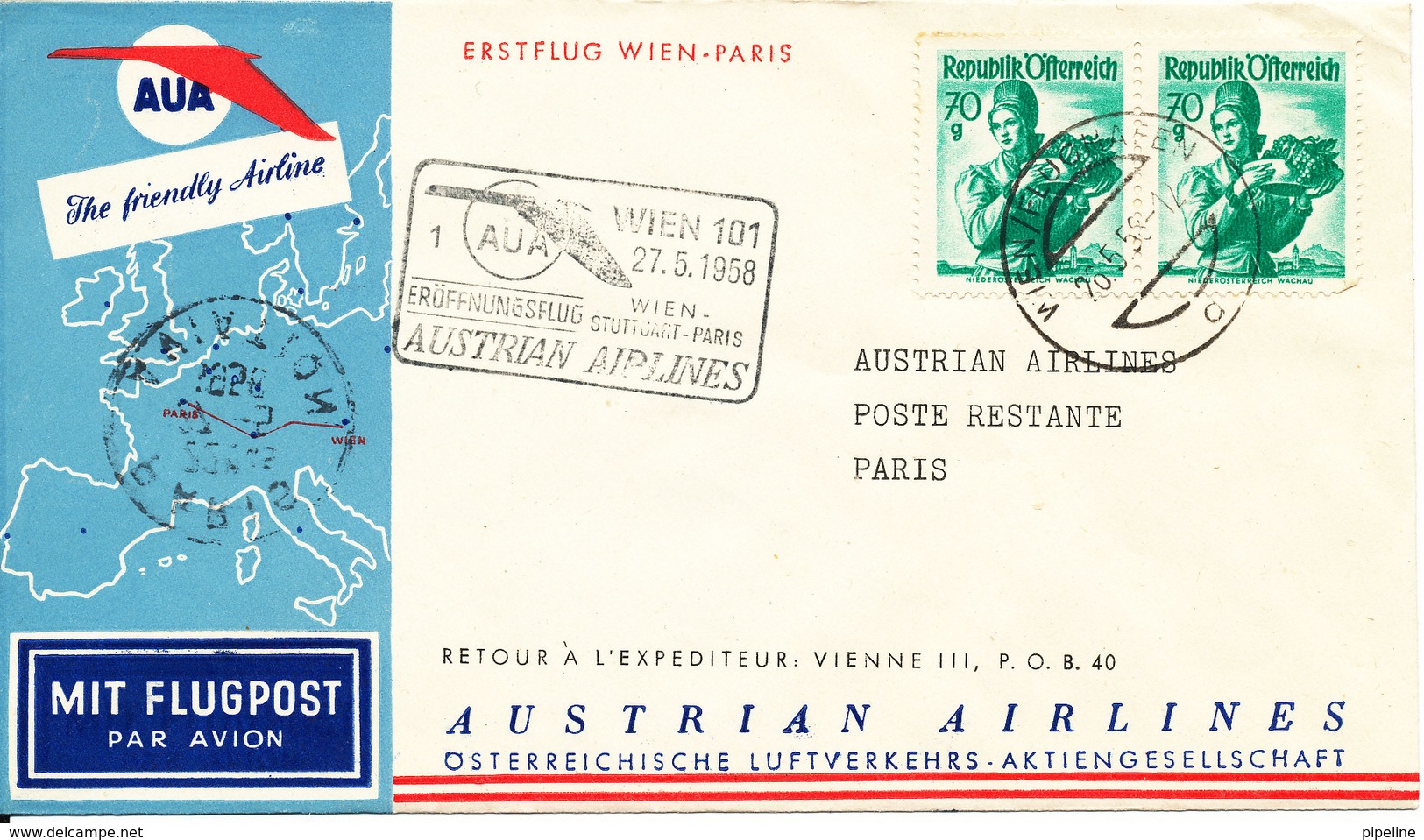 Austria First AUA Flight Cover Wien - Paris 27-5-1958 - First Flight Covers