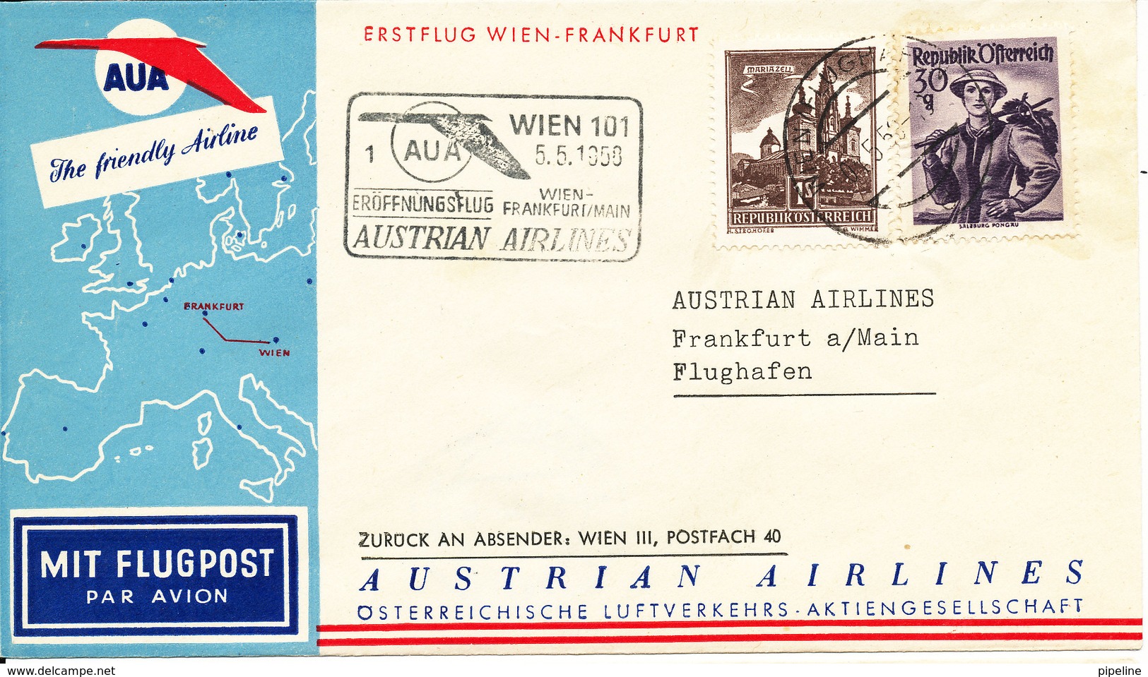 Austria First AUA Flight Cover Wien - Frankfurt 5-5-1958 - First Flight Covers