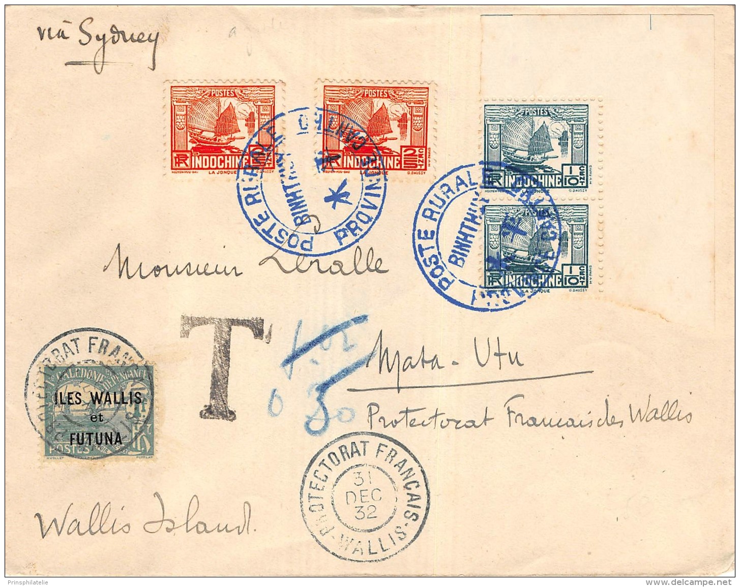 LETTRE INDOCHINE POSTE RURALE ADRESSEE A MATA UTU WALLIS ET FUTUNA ET TAXEE - Briefe U. Dokumente