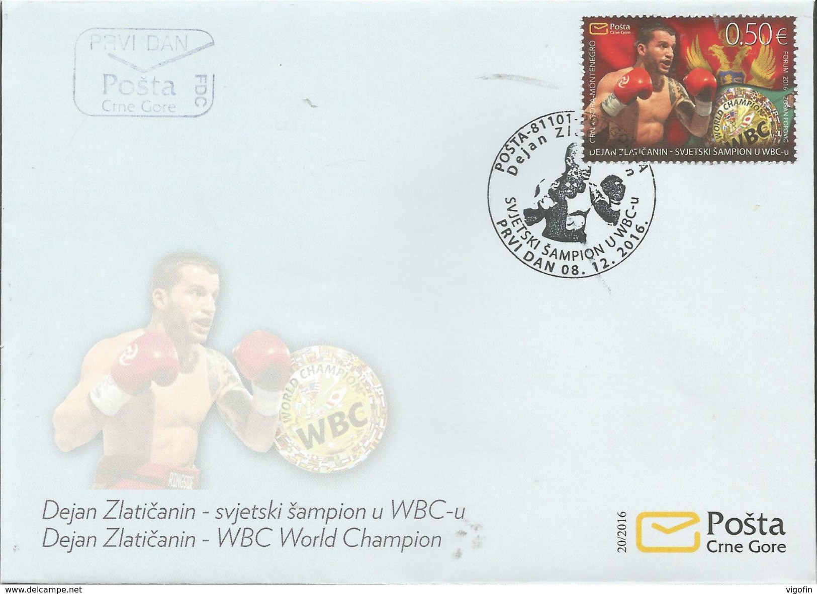 CG 2016-399 WBC WORLD CHAMPION, CRNA GORA MONTENEGRO, FDC - Montenegro
