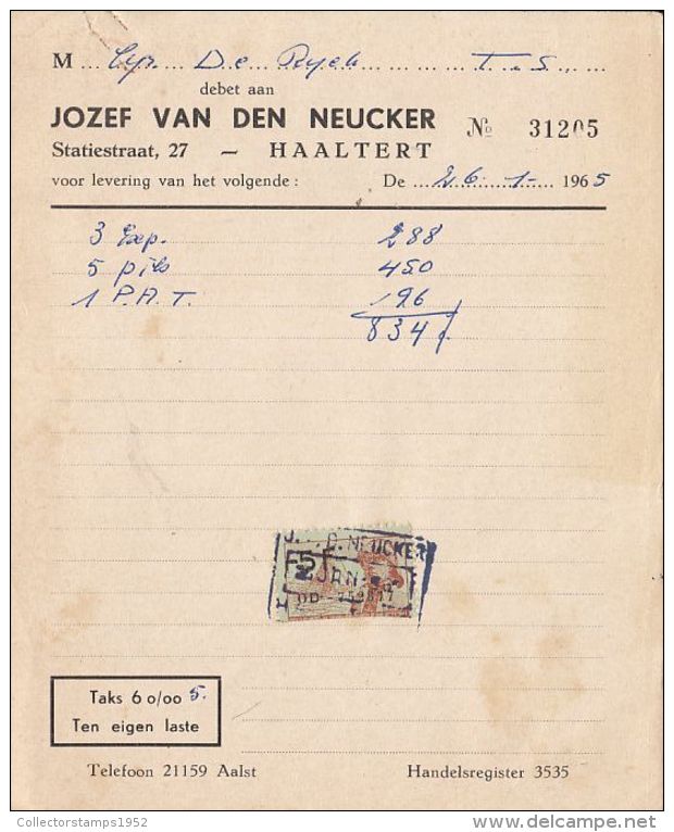 4740FM- JOZEF VAN DEN NEUCKER COMPANY HEADER INVOICE, REVENUE STAMP, 1965, BELGIUM - 1950 - ...