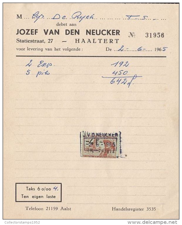 4741FM- JOZEF VAN DEN NEUCKER COMPANY HEADER INVOICE, REVENUE STAMP, 1965, BELGIUM - 1950 - ...