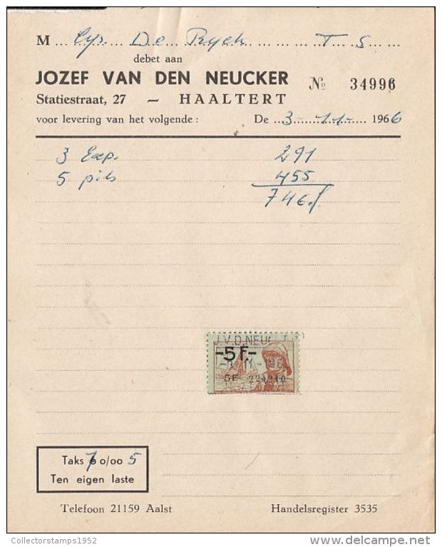 4742FM- JOZEF VAN DEN NEUCKER COMPANY HEADER INVOICE, REVENUE STAMP, 1966, BELGIUM - 1950 - ...