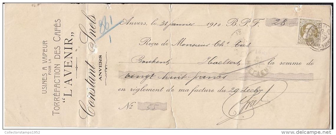 53338- PROMISSORY NOTE, COFFEE FACTORY, KING LEOPOLD 2ND STAMP, 1910, BELGIUM - Bank & Insurance