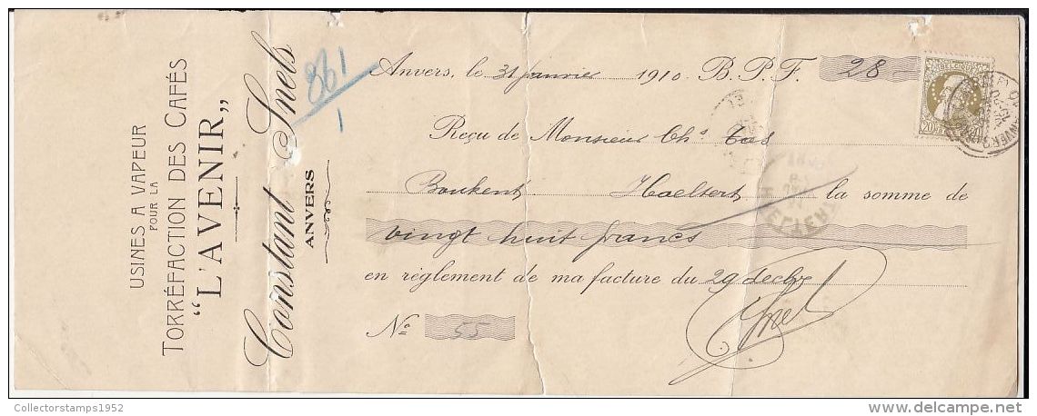 53338- PROMISSORY NOTE, COFFEE FACTORY, KING LEOPOLD 2ND STAMP, 1910, BELGIUM - Banque & Assurance