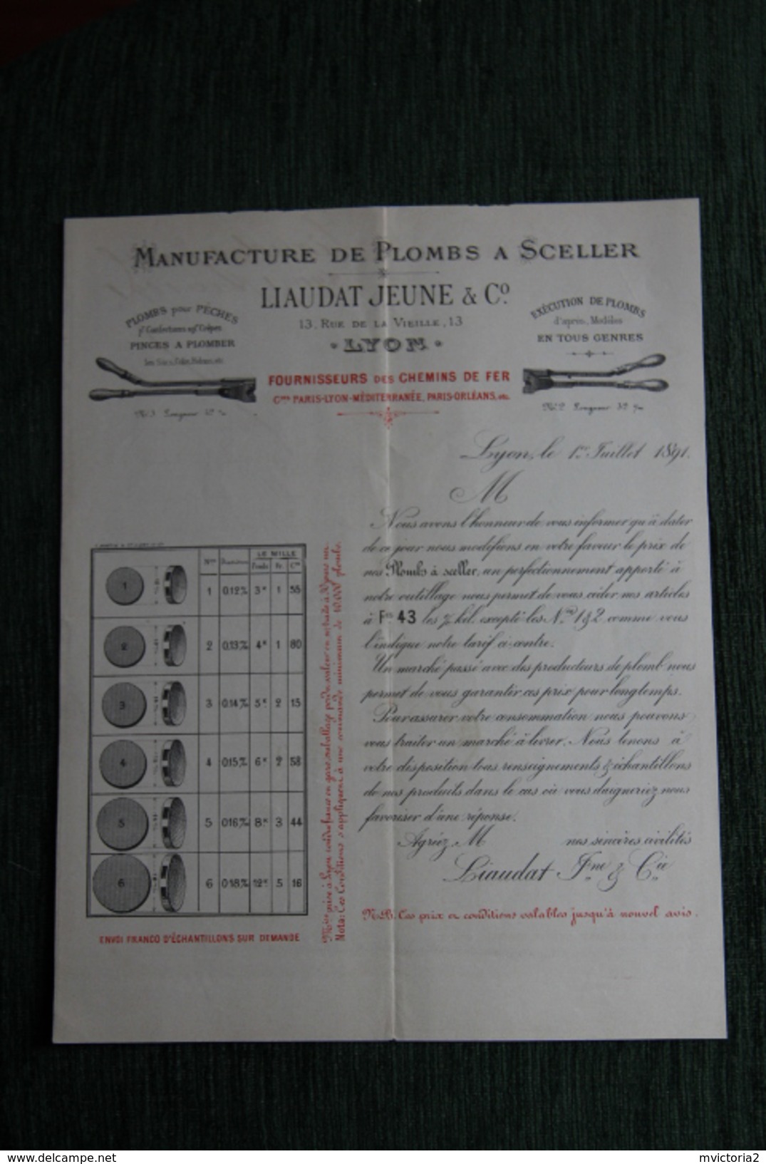 Facture Ancienne , LYON - LIAUDAT Jeune, Manufacture De Plombs à Sceller, Fournisseur Des Chemins De Fer. - 1800 – 1899