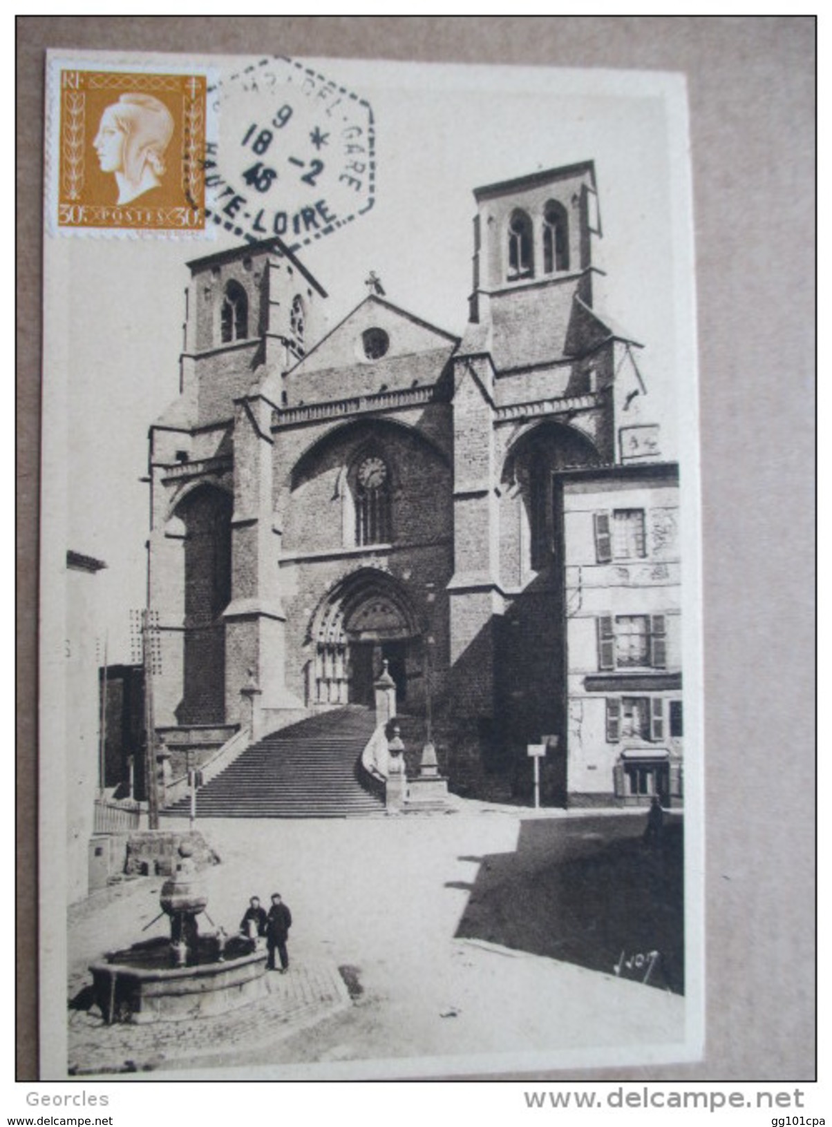 Rare Cachet Hexagonal "Sembadel-gare Haute Loire 1946" Indice Pothion=15 Marianne Dulac Cp Chaise Dieu Abbaye Pour Lyon - Poste Ferroviaire