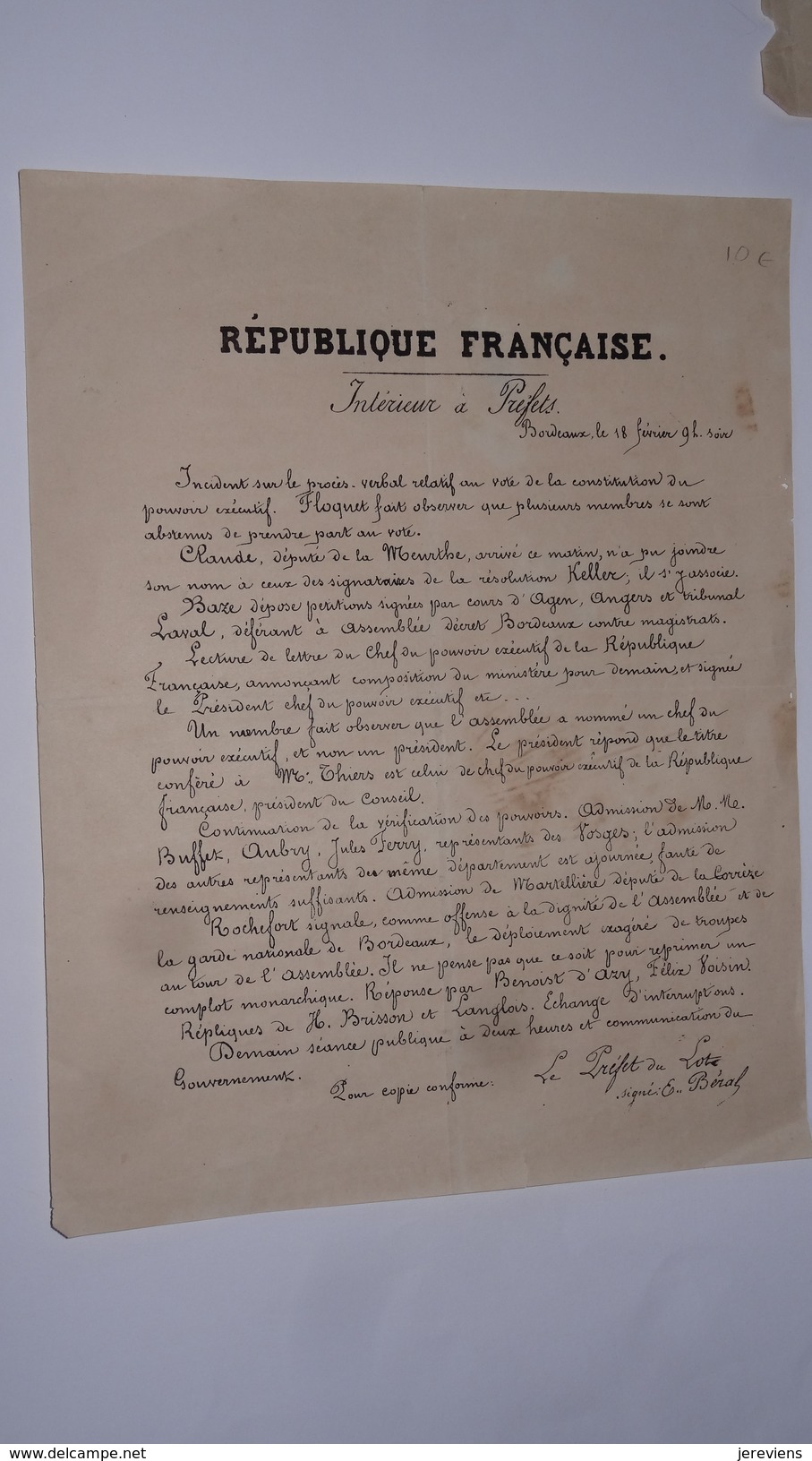 Depeche Telegraphique Bordeaux 18 Fev 1871 Contestation A L'election De Mr Thiers - Guerre De 1870