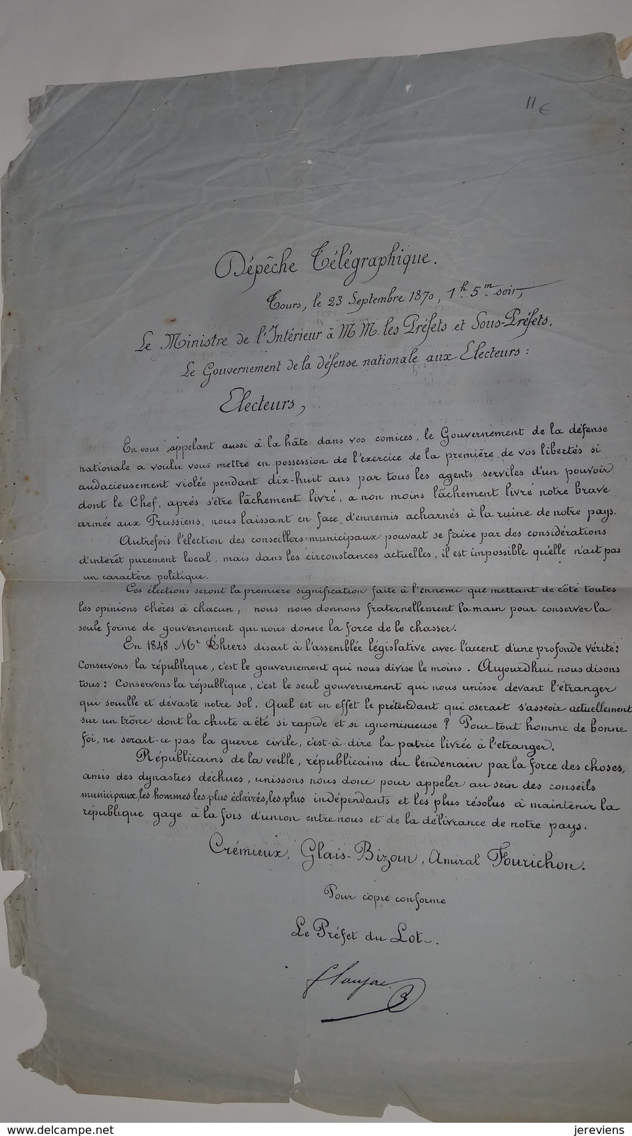 Depeche Telegraphique Tours 23 Sept 1870 Debut Du Siege De Paris Appel A L'Unite - Guerre De 1870