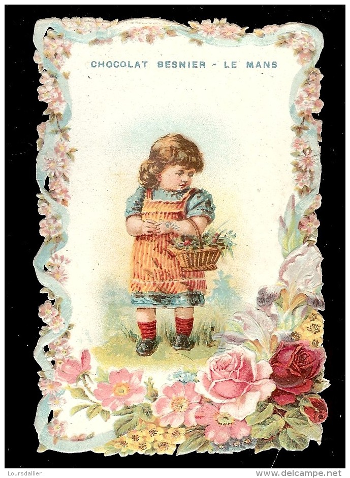 CHROMO Chocolat BESNIER Gauffrée Dentelle ENFANT AVEC SON PANIER DE FLEURS - Autres & Non Classés