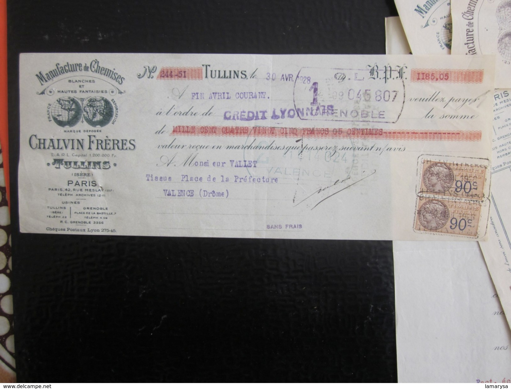 5 Factures TULLINS Isère Capitaine Chalvin Manufacture Chemise Doc Commercial+Lettre Change 1928+fiscal Vallet Couture - 1900 – 1949