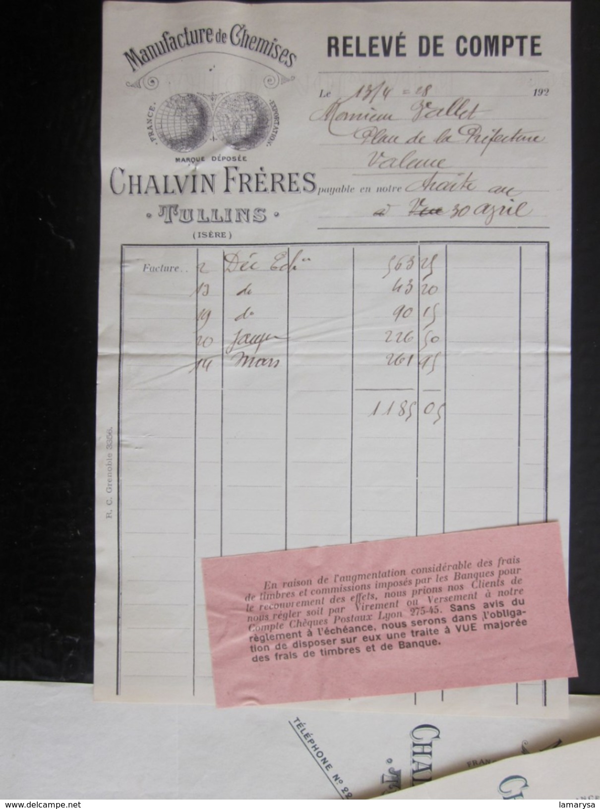 5 Factures TULLINS Isère Capitaine Chalvin Manufacture Chemise Doc Commercial+Lettre Change 1928+fiscal Vallet Couture - 1900 – 1949