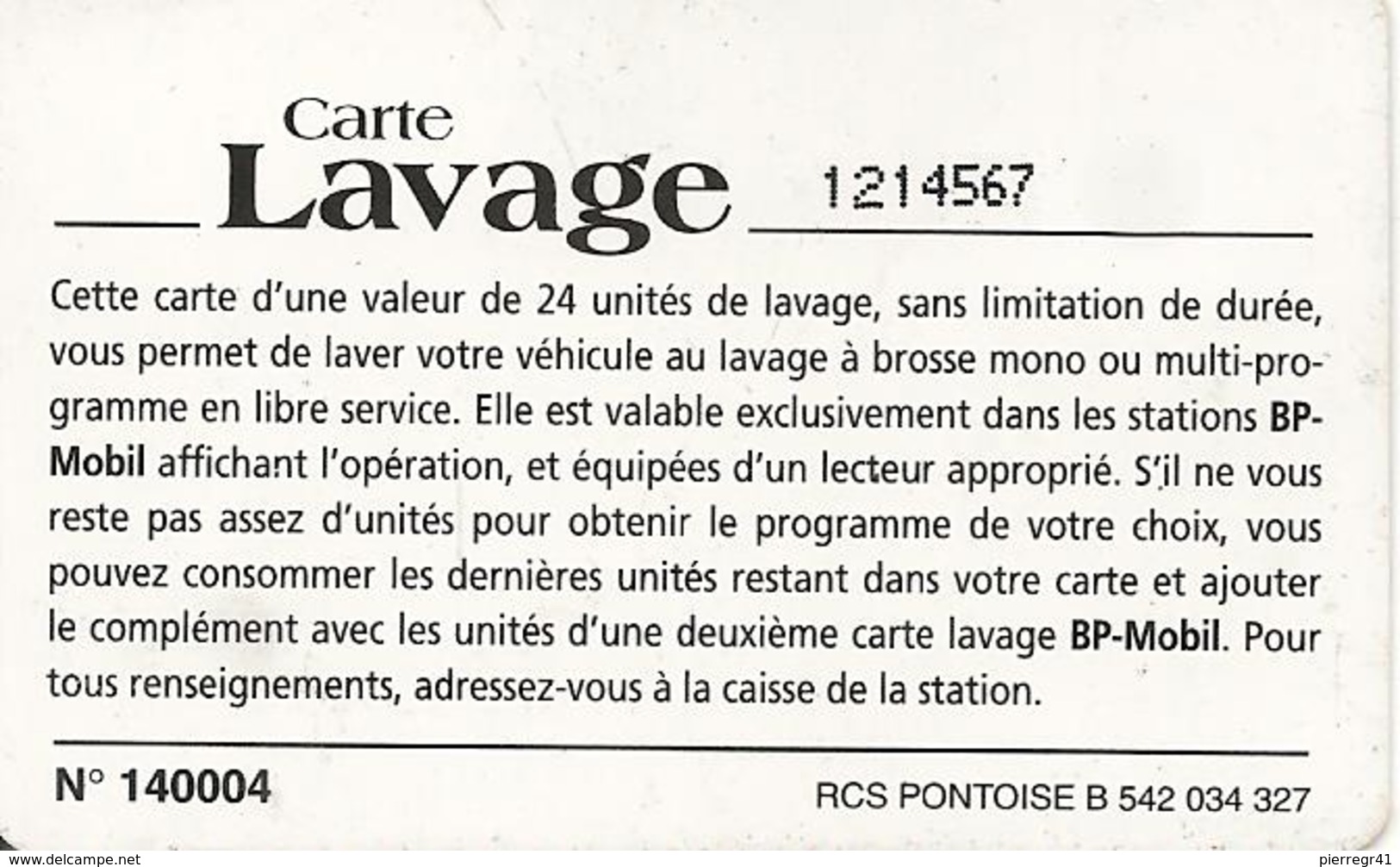 CARTE-PUCE-SO3--LAVAGE-BP -MOBIL-24-UNITES-V° N°sur Ligne Lavage-V° Sans Code Barres En Haut-TB E - Car Wash Cards