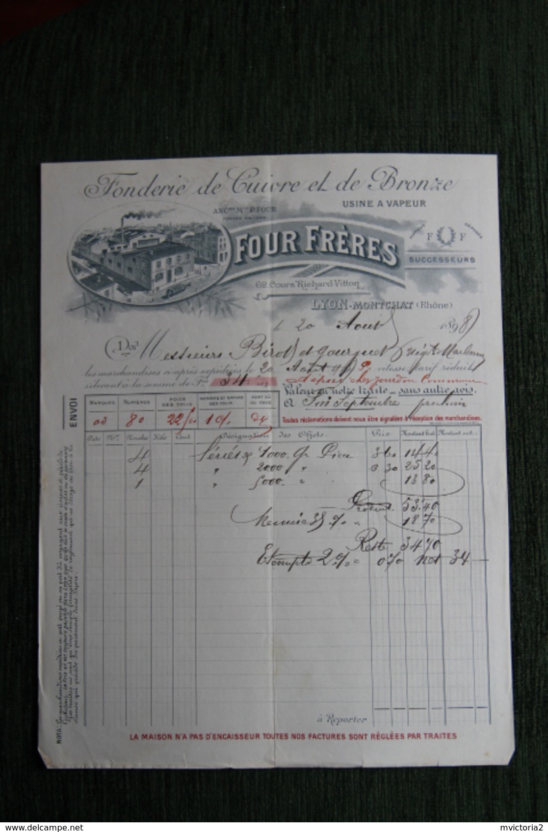 Facture Ancienne - FOUR Frères, Fonderie De Cuivre Et De Bronze. - 1800 – 1899
