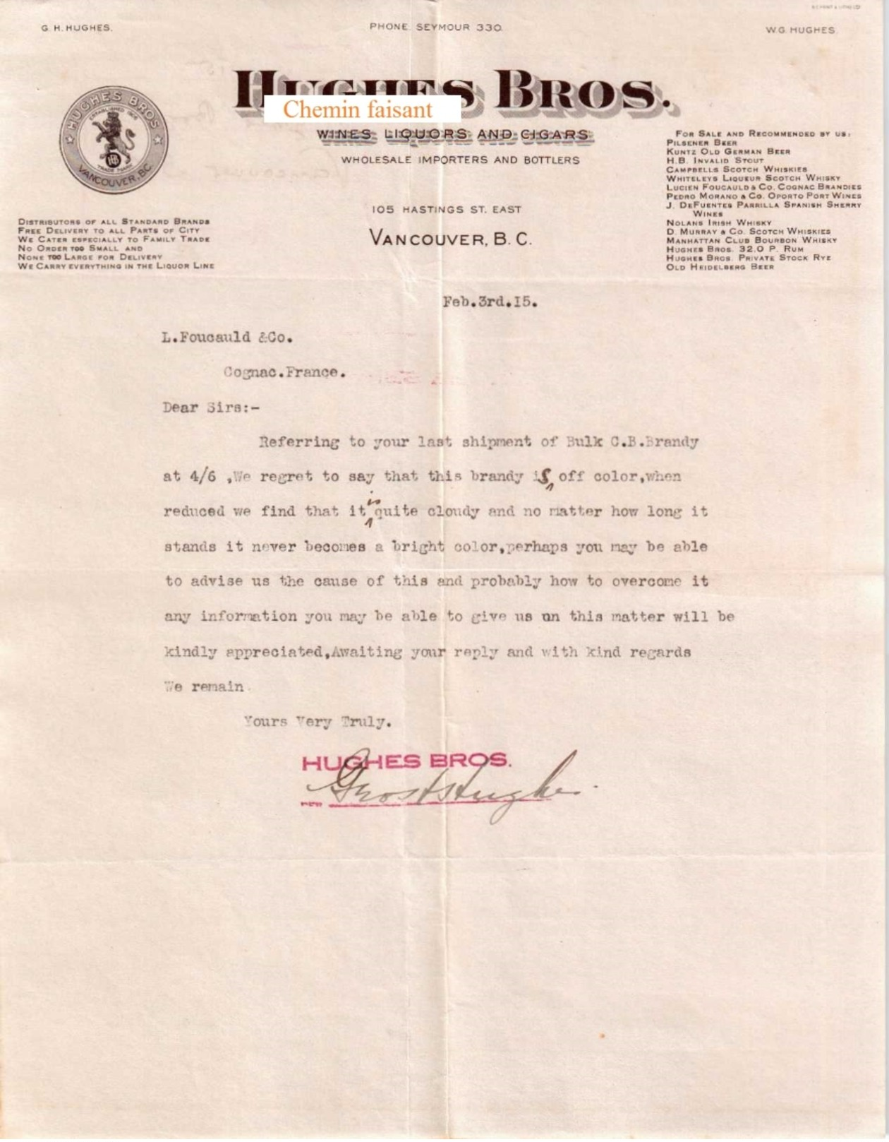 Document Du 03/02/1915 HUGHES BROS Vancouver - Canada - Canada